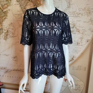 Anthropologie En Elle navy sheer lace top short sleeves crew neck detail lady 6